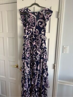 Navy and Light Pink Ruffle Tiered Maxi Dress - Women